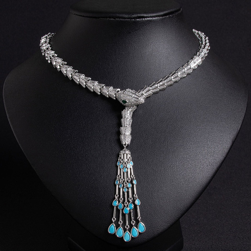 Serpentine Tassel Necklace with Diamonds and Zirconia