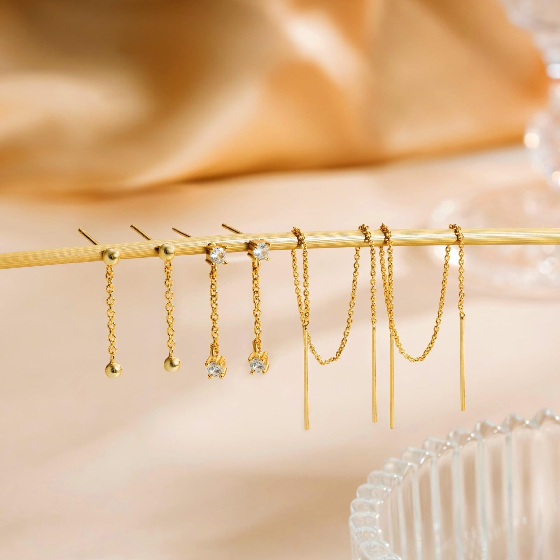 18K Gold and Zircon Tassel Earring Set (3-Piece)