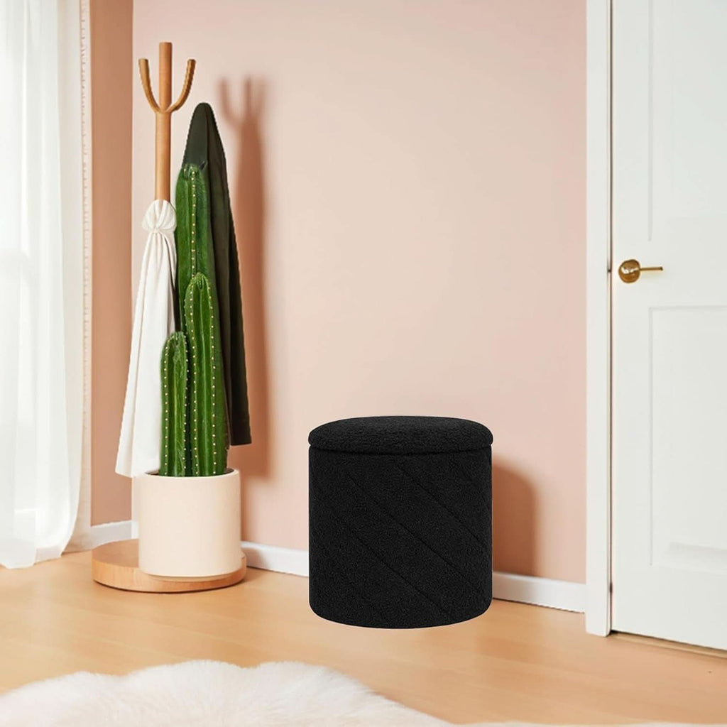 Luxurious Black Boucle Storage Ottoman 12 In Diameter Tray