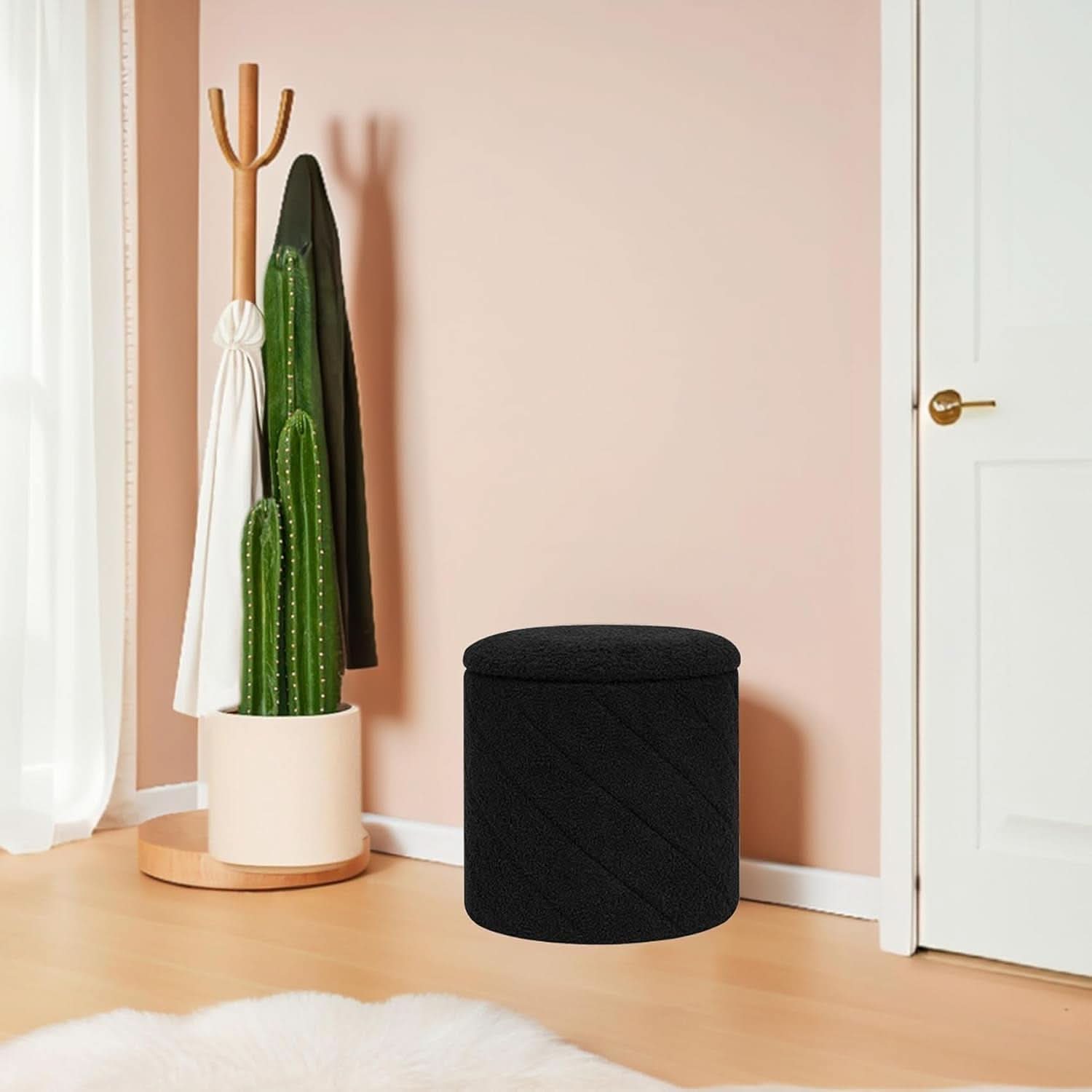 Luxurious Black Boucle Storage Ottoman 12 In Diameter Tray