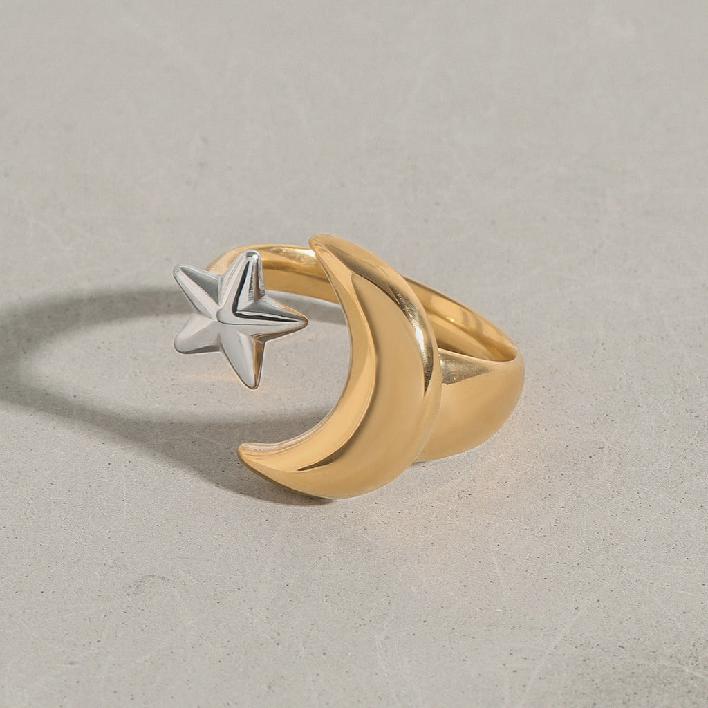 18K gold moon and star with gold and silver color matching design trendy personality open ring