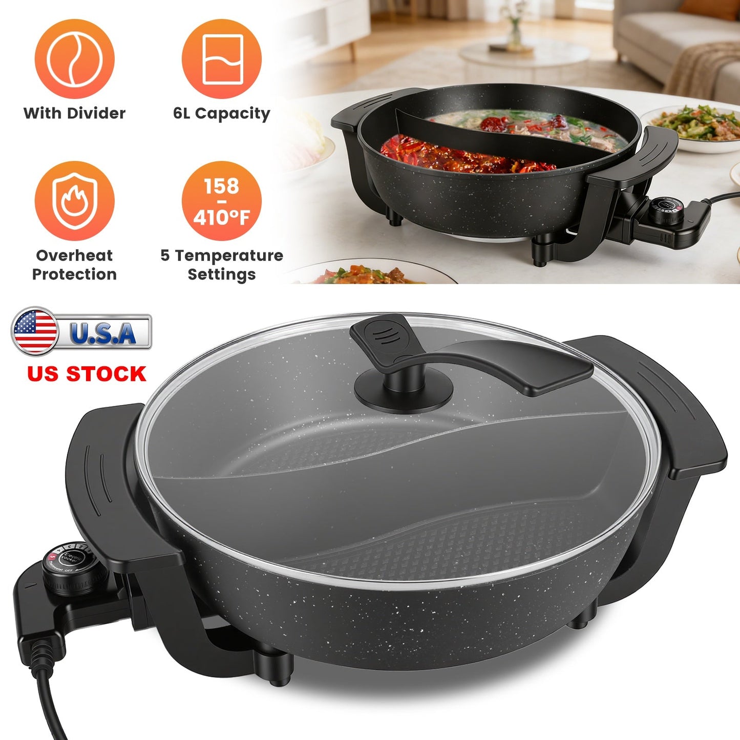 6L Electric Hot Pot with Divider 1100W Dual-Flavor Pot Shabu Shabu Pot Non-Stick with 5-Temp Control for Shabu Shabu Fondue Perfect for Family Gatheri