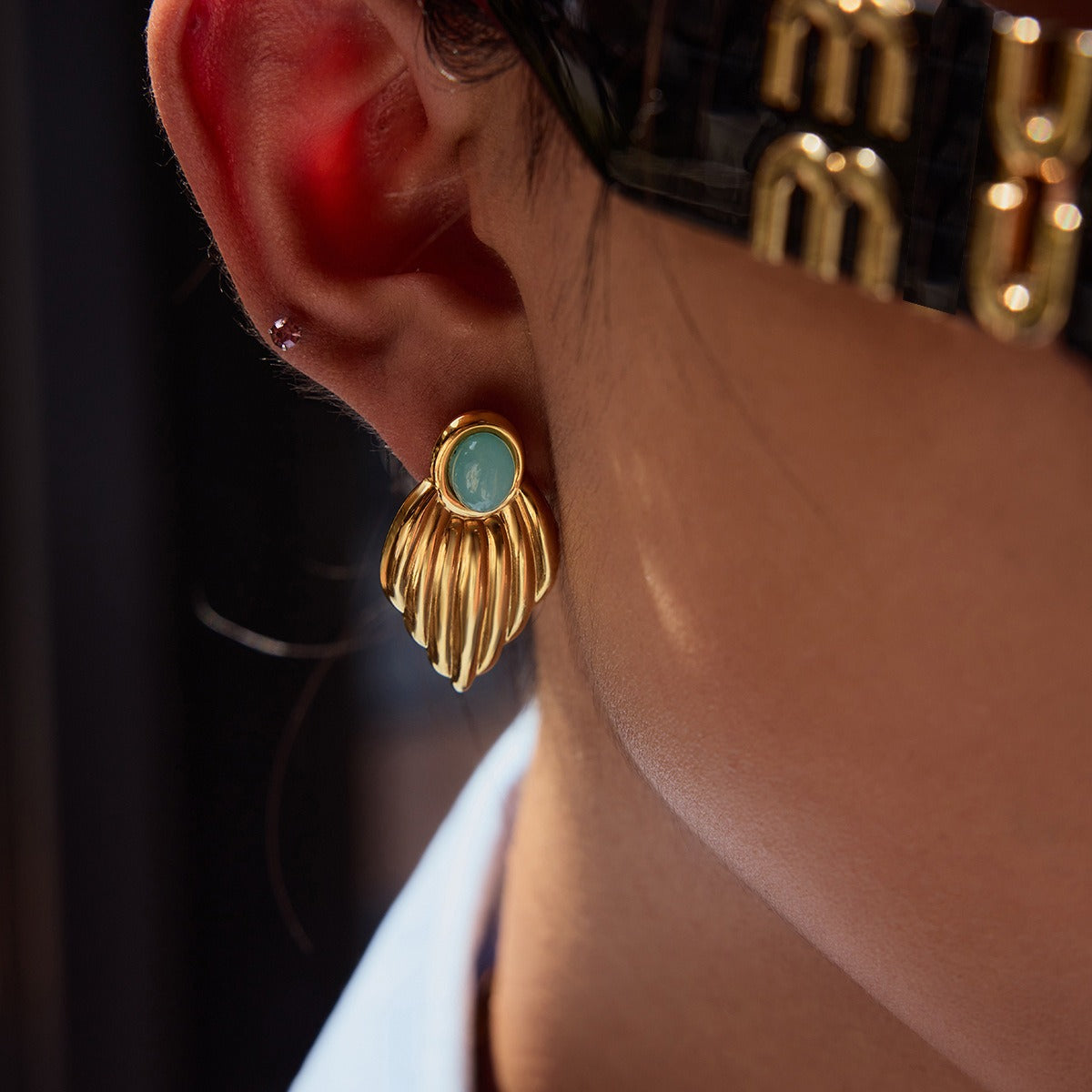 18K gold geometric inlaid gemstone design exquisite noble earrings