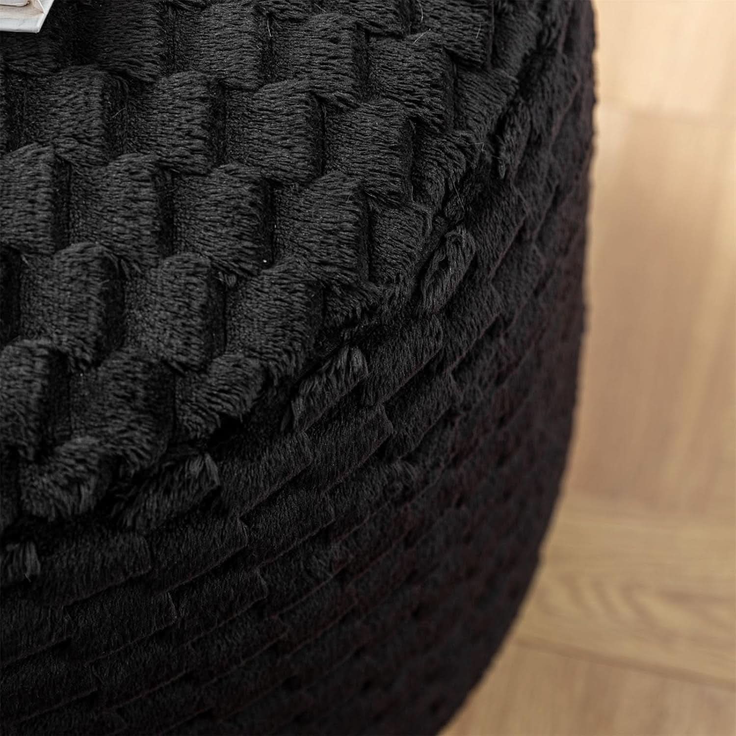 Round Plush Pouf Ottoman 20x12 Inches Black Upholstered
