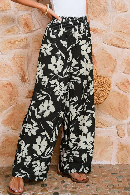 Blue Floral Smocked Frill Waist Wide Leg Pants