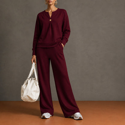 Women's Single-Button Split-Neck Sweatshirt & Wide-Leg Pants Set