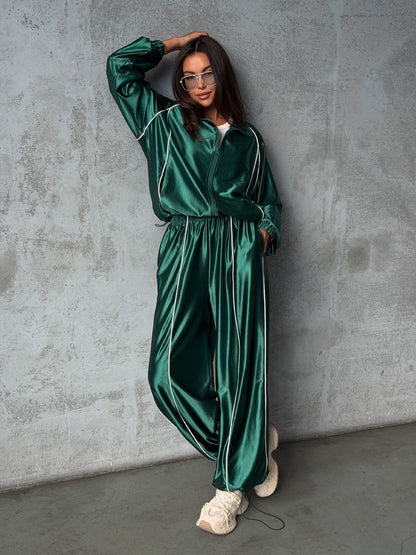 Women's Satin-Finish Zip Track Jacket & Wide-Leg Pants Set