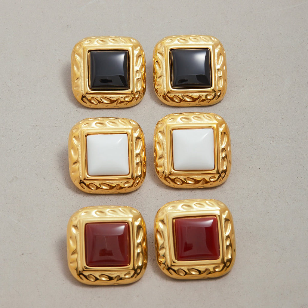 18K gold geometric square with texture design classic retro earrings