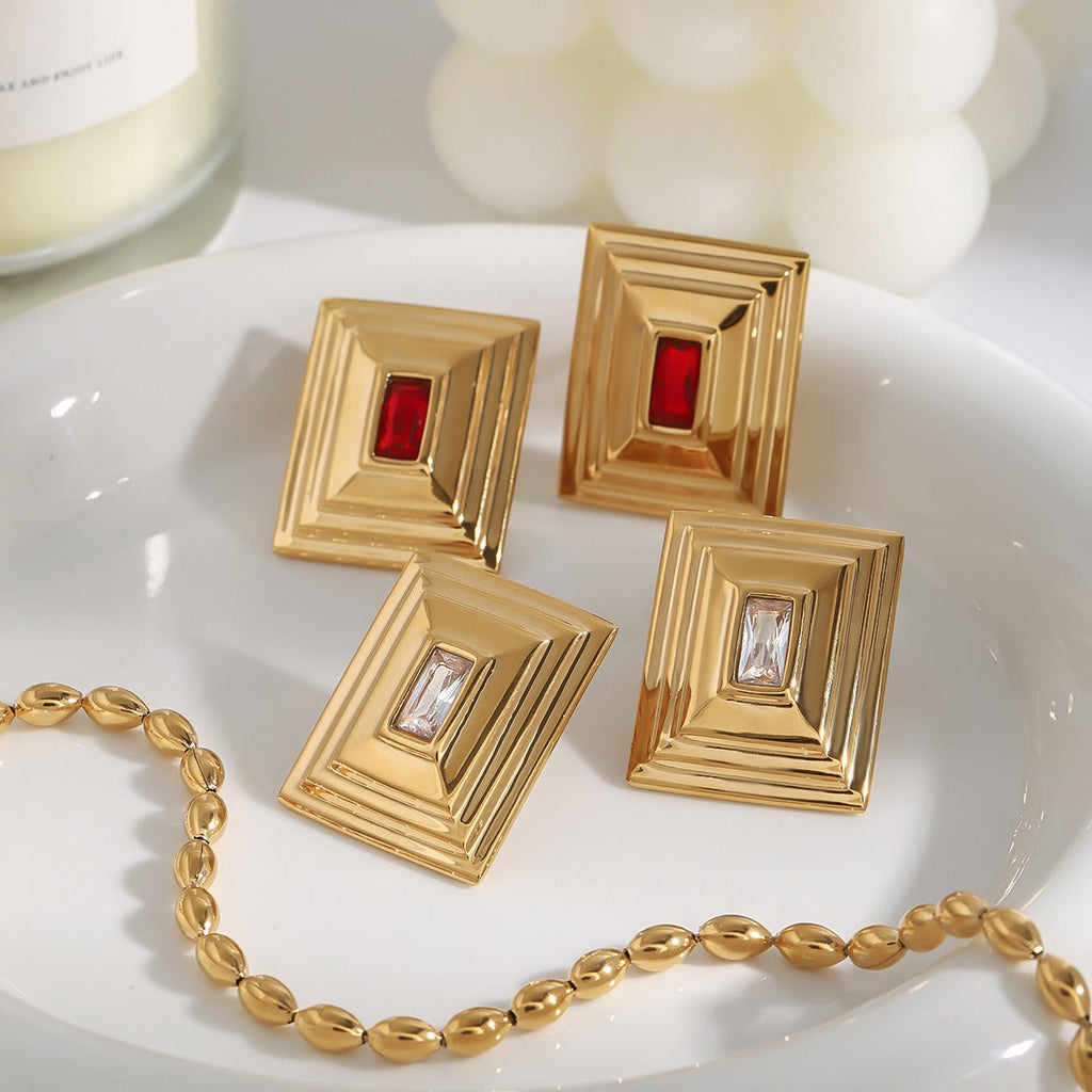 18k gold rectangular inlaid gemstone with concave pattern design exquisite and noble earrings
