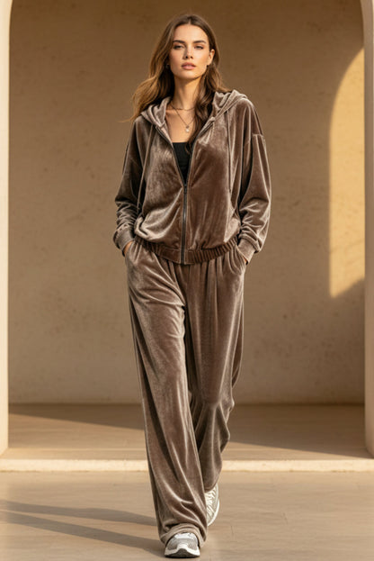 Women's Velvet Zip-Up Hoodie & Wide-Leg Pants Set