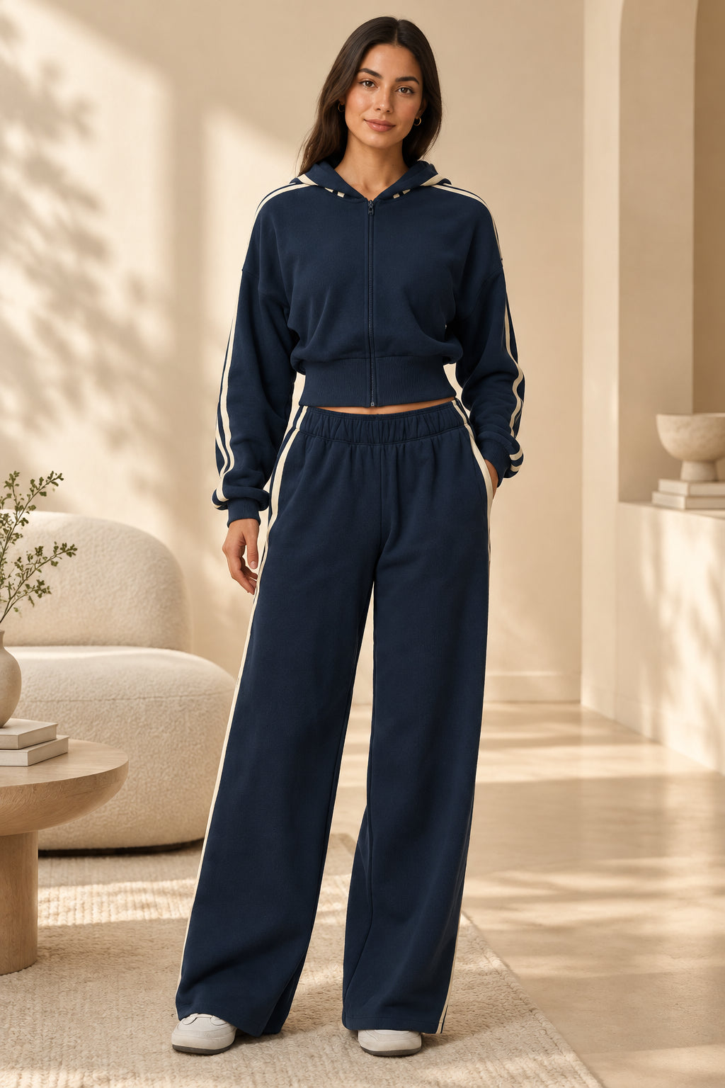 Women's Contrast-Stripe Cropped Zip Hoodie & Wide-Leg Pants Set