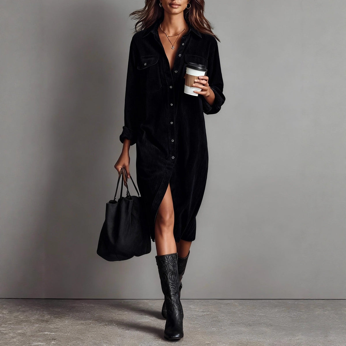 Women's Corduroy Long Sleeve Shirt Dress – Turn-Down Collar Button Front Midi with Pockets