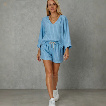 Women's Loose V-Neck Long Sleeve Striped Shorts Set – Casual Leisure