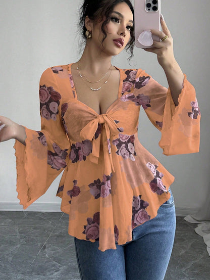 Floral Ombré Tie-Back Square Neck Long Sleeve Blouse – Sweet Style