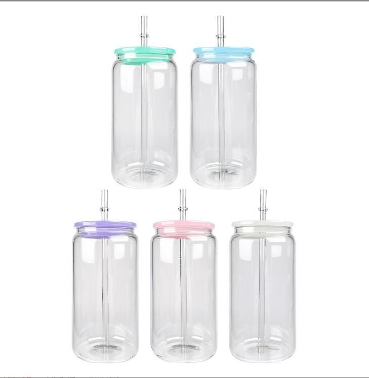 16oz Blank Sublimation Glass Can Jar with plastic Colored lid Tumbler (Clear or Frosted)