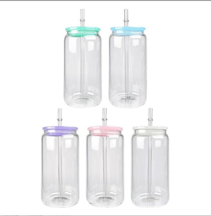 16oz Blank Sublimation Glass Can Jar with plastic Colored lid Tumbler (Clear or Frosted)