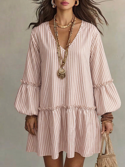 Women's Stripe Print V-Neck Lantern Sleeve Mini Dress