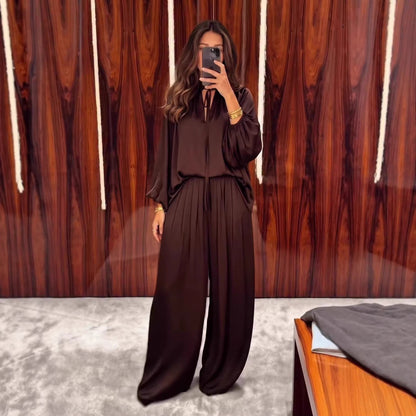 Women's V-Neck Lace-Up Bishop Sleeve Wide-Leg Pants Set