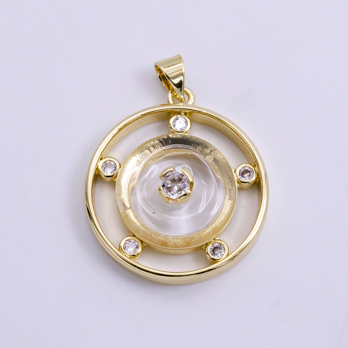 14K Gold Filled 30mm Clear Quartz, Rose Quartz, Amethyst CZ Open Round Pendant | AH055 - AH057