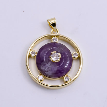14K Gold Filled 30mm Clear Quartz, Rose Quartz, Amethyst CZ Open Round Pendant | AH055 - AH057