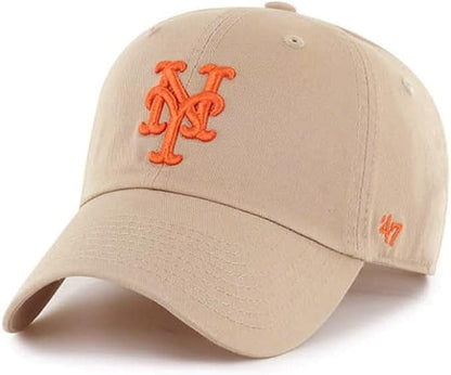 47 New York Mets Hat Mens Womens Clean Up Adjustable Baseball Cap, Khaki
