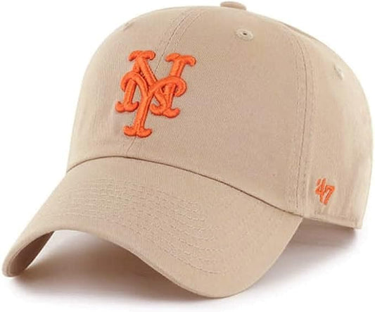 47 New York Mets Hat Mens Womens Clean Up Adjustable Baseball Cap, Khaki