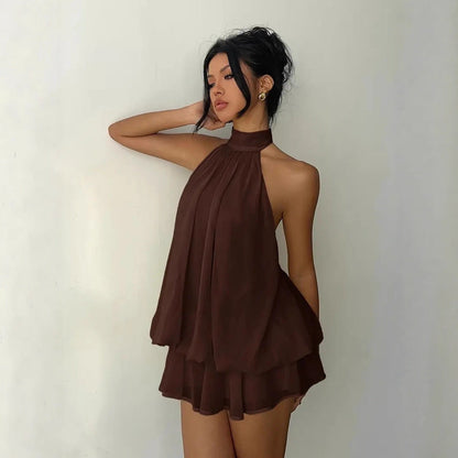 Women's Backless Halter Neck High-Waist Mini Dress with Puffy Skirt