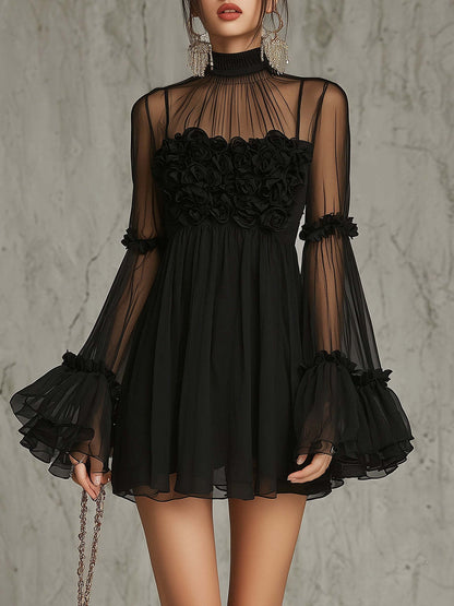 Women's Floral Embroidered Sheer Lace Dress — High Neck Flared Sleeve