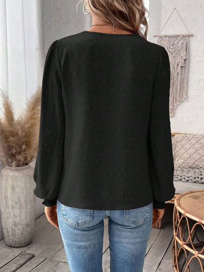 Swiss Dot Lace Detail Notched Long Sleeve Blouse – Feminine Style