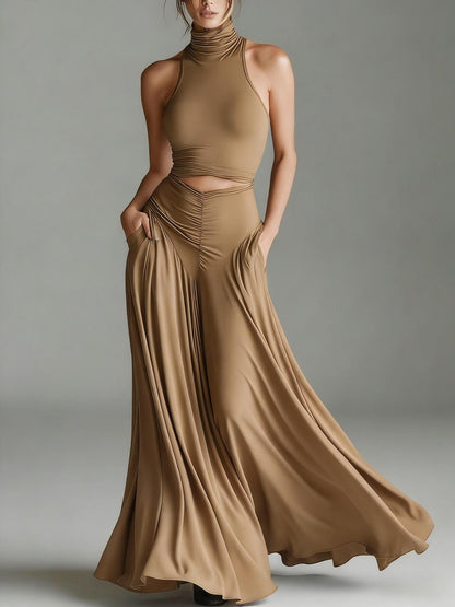 Women's Sleeveless High-Neck Top & Elegant Long A-Line Dress Two-Piece Set