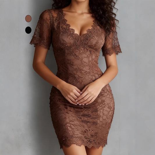 V-Neck Lace Bodycon Pencil Dress – Fitted Slimming Midi Dress