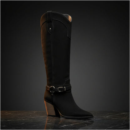 Women's Western Knee-High Boots | Pointed Toe Chunky Heel & Harness Buckle