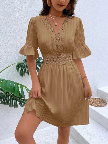 Cutout V-Neck Flounce Sleeve Mini Dress – Ruffled Lined Style