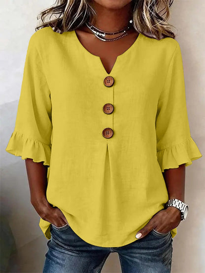 Women's Cotton Linen V-Neck Button-Up Blouse — Summer Casual Top