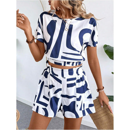 Printed Casual Two-Piece Set – Short Sleeve Top & Shorts