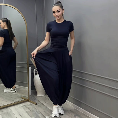 Women's Short Sleeve Fitted Tee & Wide-Leg Harem Pants Set