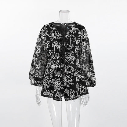 V-Neck Long Sleeve Lace-Up Top & Shorts Two-Piece Set
