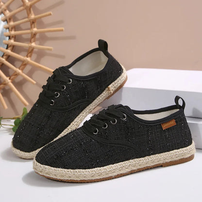 Tweed Lace-Up Round Toe Flat Sneakers – Canvas PU Casual