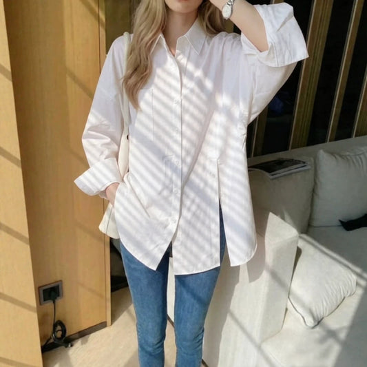 Women's Solid Color Drop Shoulder Button Side Slit Shirt