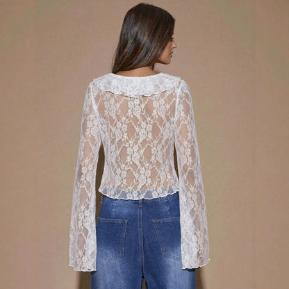 Lace-Up V-Neck Long Sleeve Crop Top – Slit Front Fitted Stretch