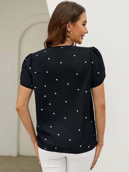 Women's V-Neck Heart Print Blouse – Petal Sleeve Pleated Front Elegant Top
