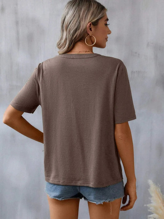 Women's Floral Embroidered Notched V-Neck T-Shirt – Short Sleeve Boho Lace Trim Top