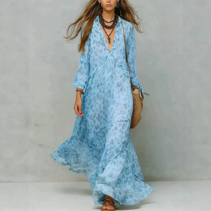 Women's Leopard Print Chiffon Deep V-Neck Flared Maxi Dress | Three-Quarter Sleeve Beach Vacation Dress