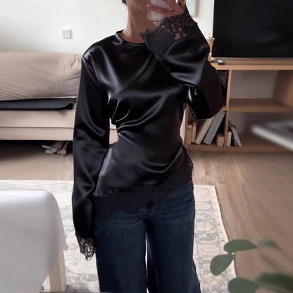 Round Neck Irregular Hem Long Sleeve T-Shirt for Women