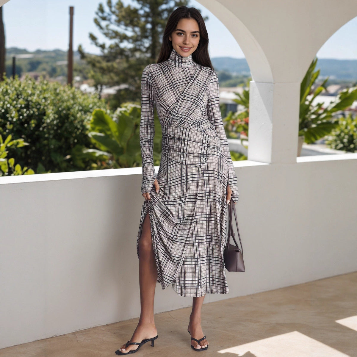 Women's Stand Collar Long Sleeve Plaid Pleated Maxi Dress – High Waist A-Line