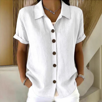 Shirt Collar Short Sleeve Button Top – Loose Fit Cotton-Linen Casual