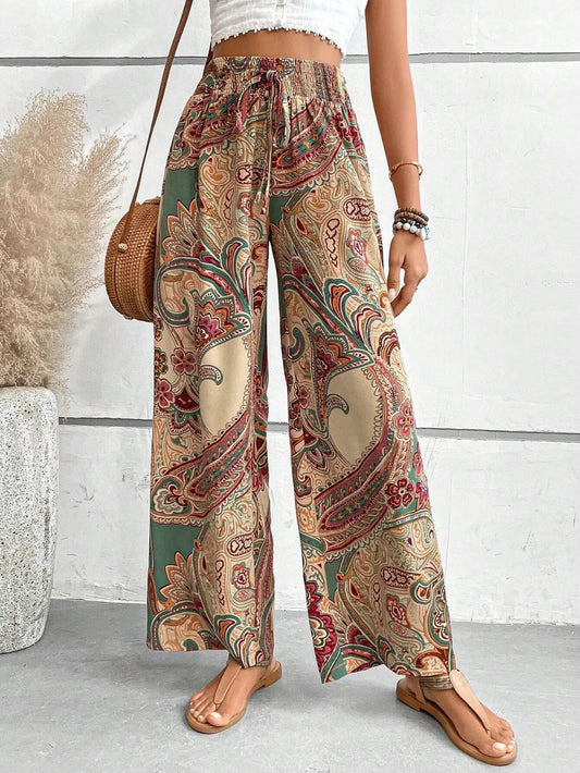 Women's Paisley Print Wide-Leg Pants – Boho Smocked Elastic Waist Tie-Up Flowy Trousers