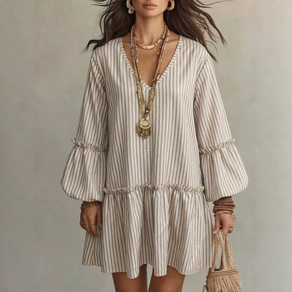 Women's Stripe Print V-Neck Lantern Sleeve Mini Dress