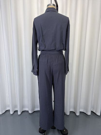 Linen-Look Shirt & Wide-Leg Trouser Set | Drawstring Waist 2-Piece | Gray