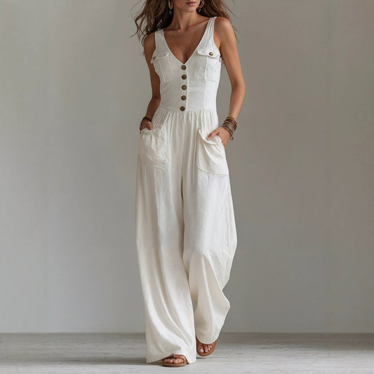 Women's Sleeveless V-Neck High Waist Jumpsuit with Pockets – Wide Leg Summer Outfit